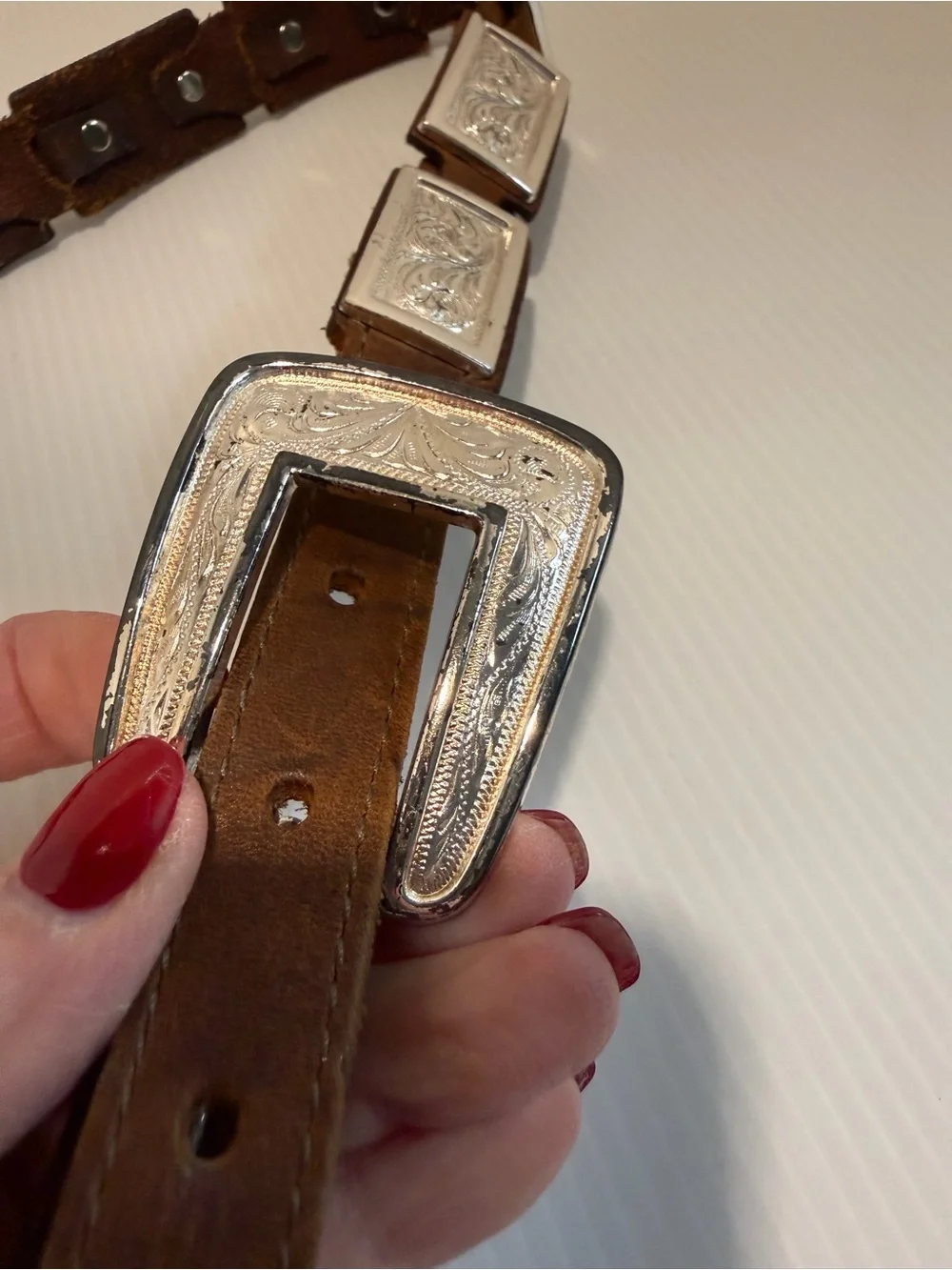Vintage Western Ranger Belt Size 34 Brown Leather Silver Segment Plaque Concho